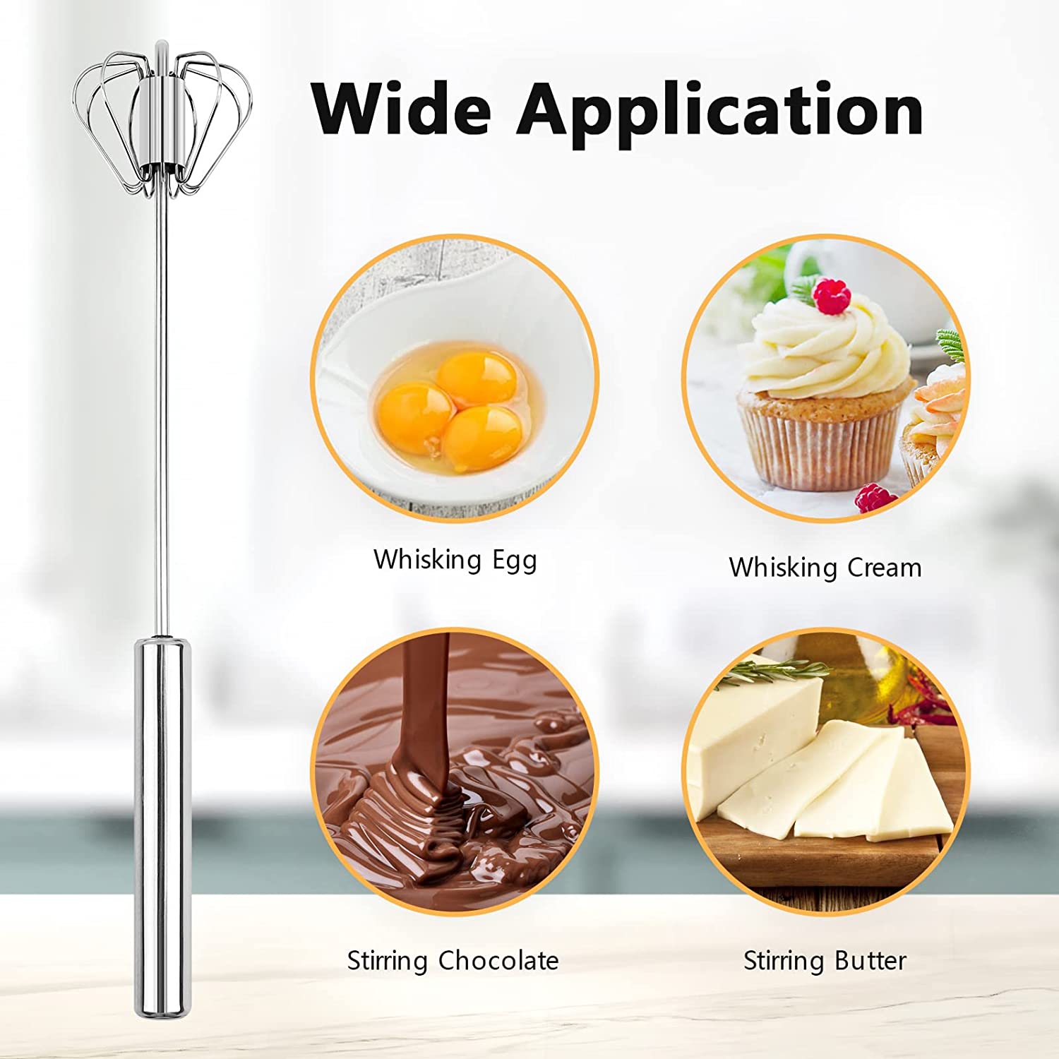 DS. Distinctive Style Semi Automatic Whisk 304 Stainless Steel Hand Push Spinning Whisk 12 inch Egg Beater for Blending Eggs, Frothing Milk